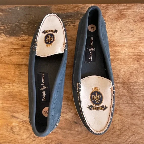 RALPH LAUREN POLO Vtg 80s Nautical Blue White Crest Loafer Deck Shoes 8.5AA Nice
